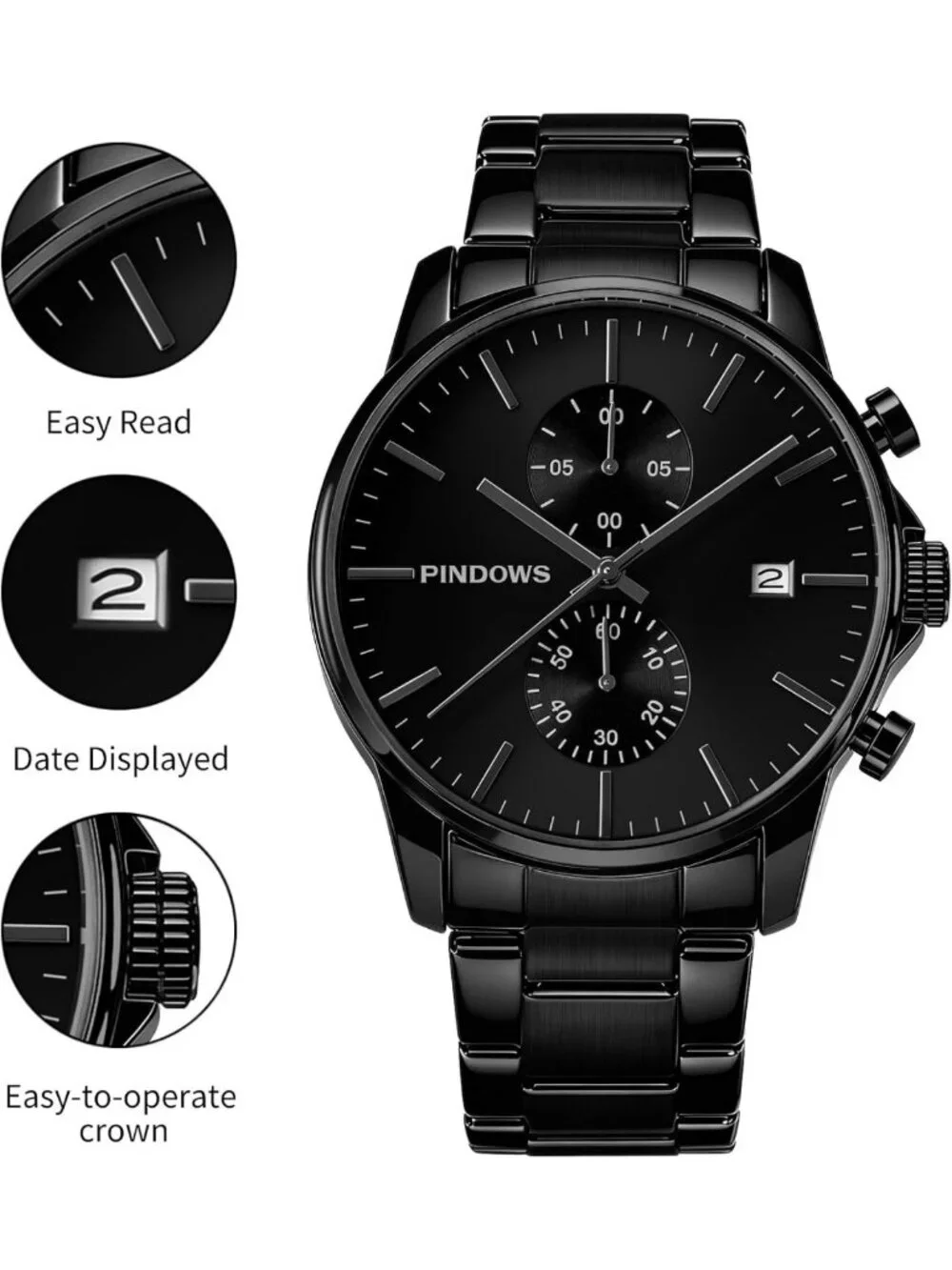 Men's Black Minimalist Chronograph Watch | Stainless Steel, Water Resistant